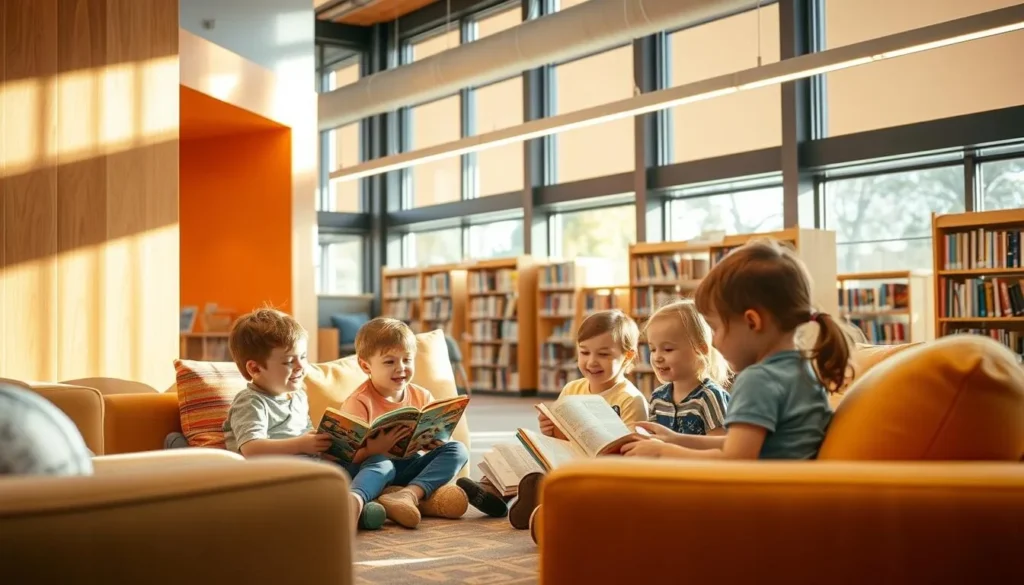 Image of Broomfield Library's cozy reading area with children engaged in story time
