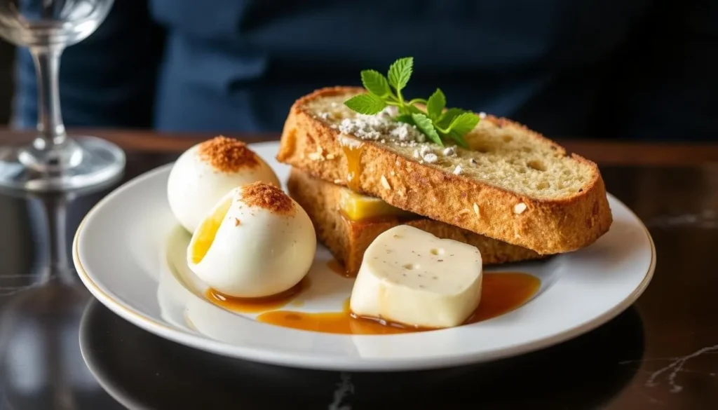 Image of Café Cecilia's signature Guinness bread with boiled eggs and creamy Coolea cheese