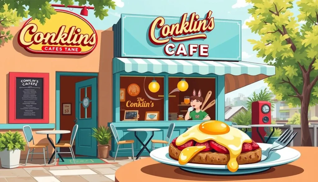 Image of Café on Conklin's exterior or a popular breakfast dish Image of Café on Conklin's exterior or a popular breakfast dish