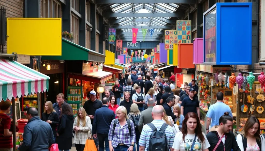 Image of Camden Market with a mix of stalls and shoppers