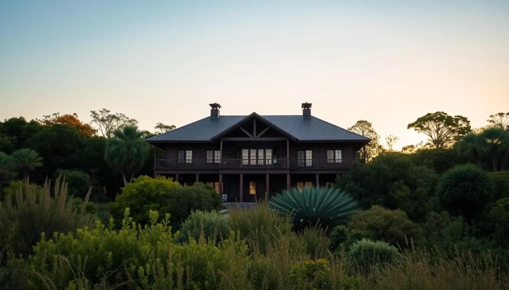 Image of Catetinho, the wooden presidential residence in Brasilia, surrounded by cerrado vegetation.