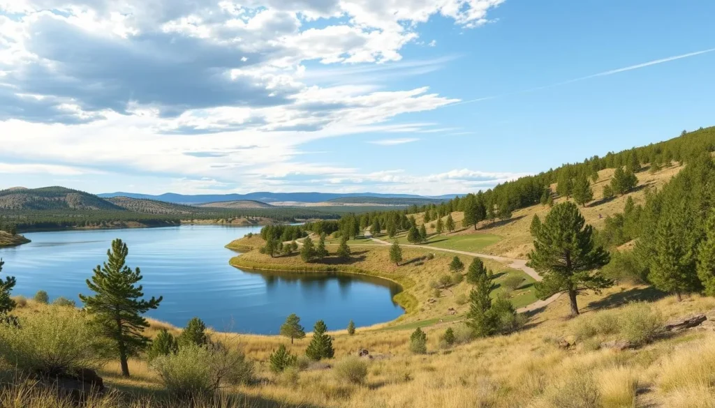 Image of Cherry Creek State Park with a serene lake and surrounding trails