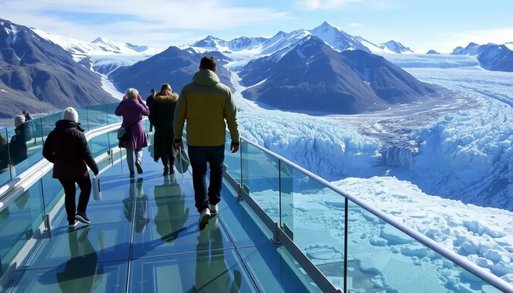 Image of Columbia Icefield Skywalk with people walking on the glass floor