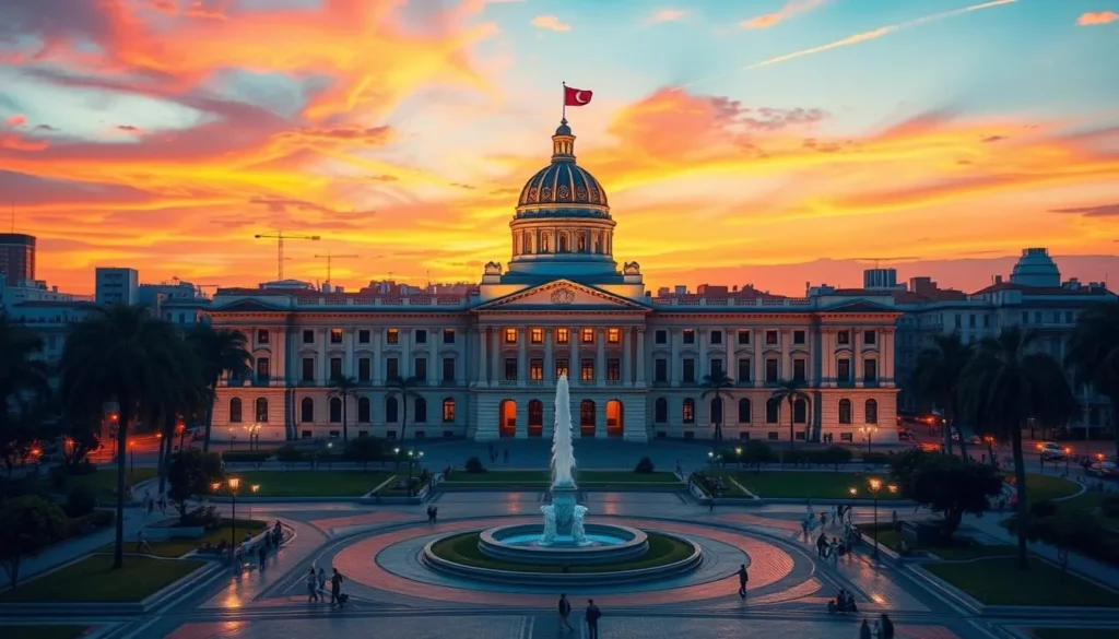 Image of Congresso Nacional at sunset with the surrounding Praça dos Três Poderes