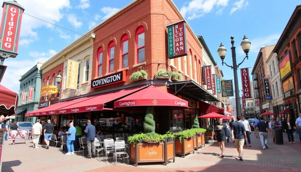 Image of Covington's downtown area with various restaurants