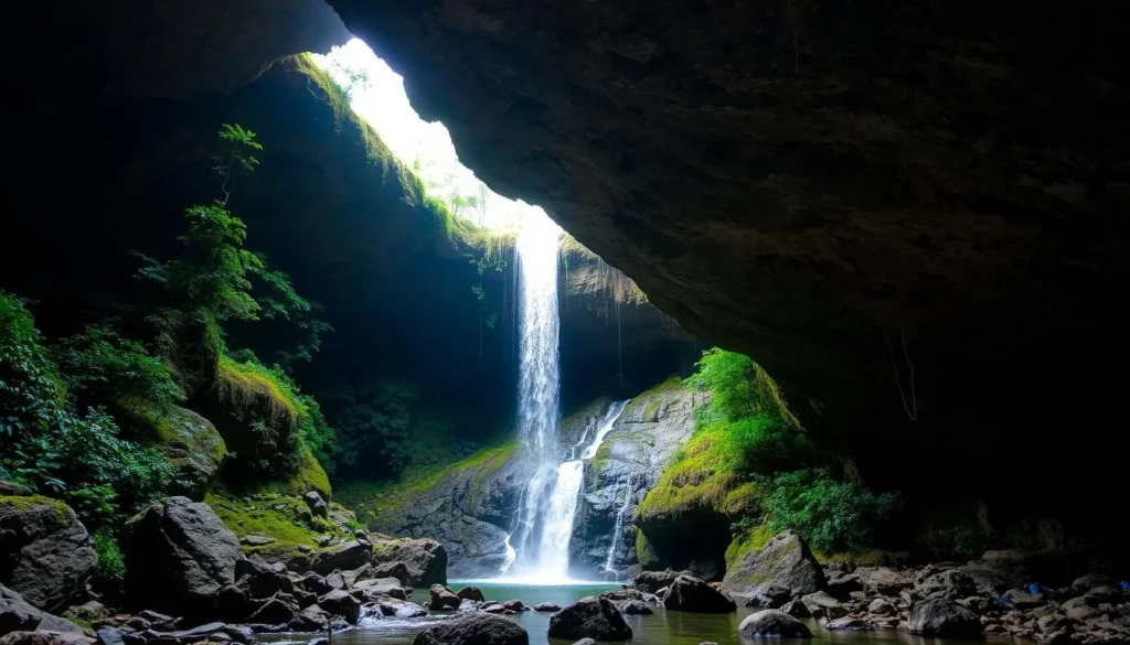 Image of Cueva del Esplendor, a cave with a waterfall pouring through the roof