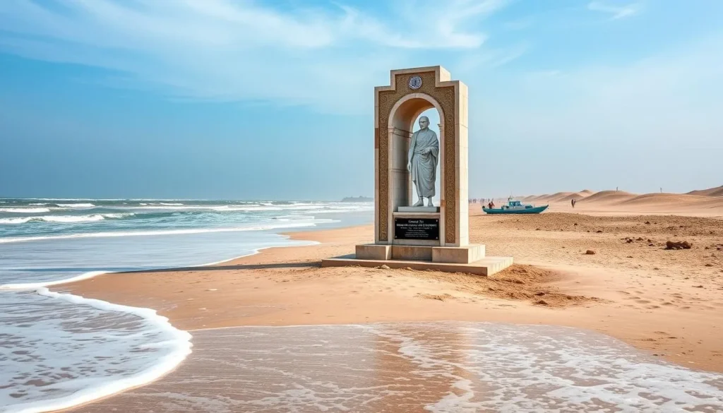 Image of Dandi Beach with a memorial or monument related to Mahatma Gandhi's Salt March