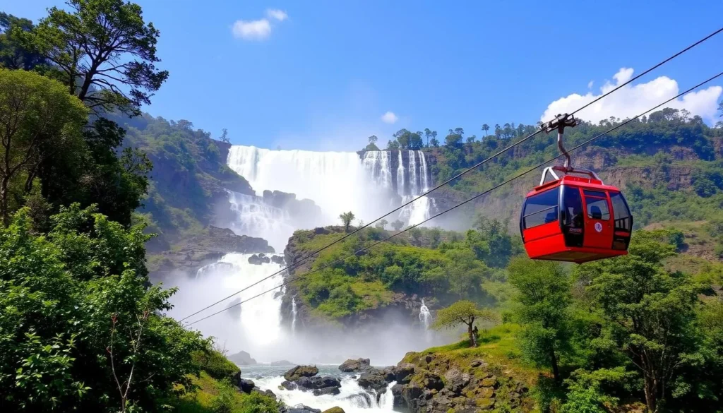 Image of Dhuandhar Falls with a cable car ride in the foreground