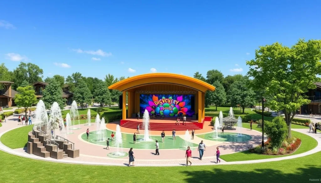 Image of Discovery Park with a performance stage and interactive water features