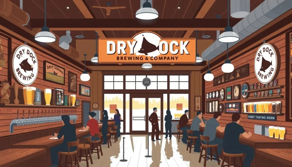Image of Dry Dock Brewing Company's tasting room with a variety of craft beers on tap.