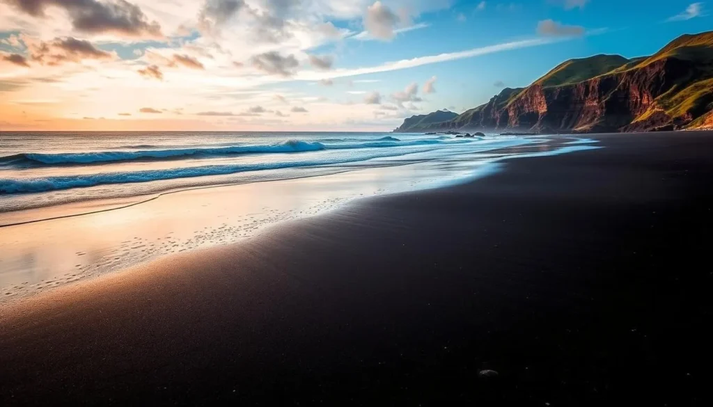 Image of Dumas Beach with black sand and the Tapi River mouth in the background