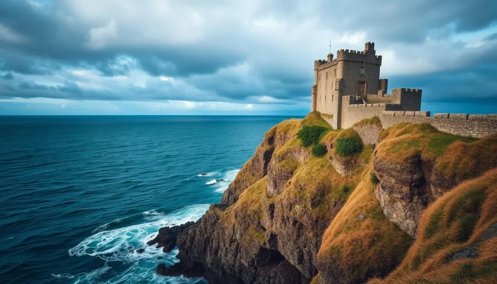 Image of Dunluce Castle perched on the edge of a cliff with the sea below