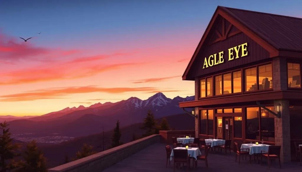 Image of Eagle's Eye Restaurant at sunset with a view of the mountains