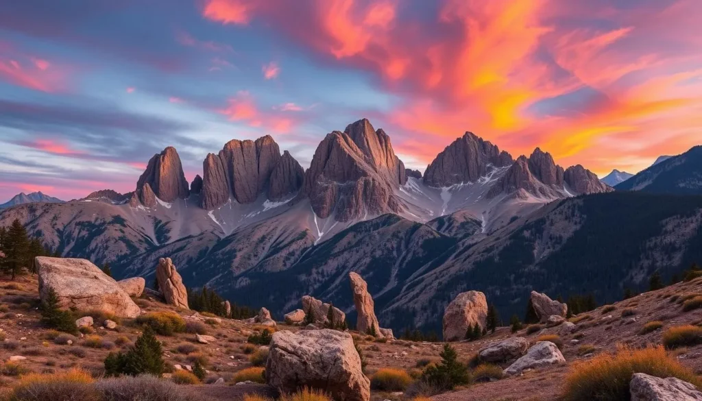 Image of Estes Park's mountainous terrain with rugged peaks and unique rock formations