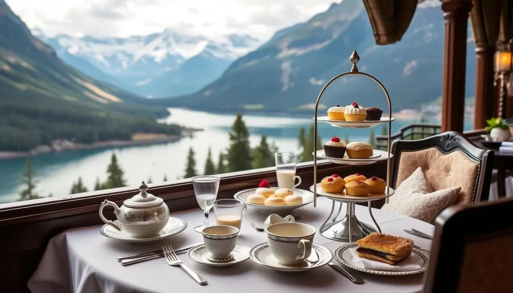 Image of Fairmont Chateau Lake Louise afternoon tea setup with a view of Lake Louise