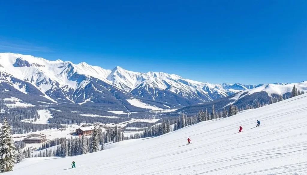 Image of Fernie Alpine Resort with snow-covered mountains and skiers