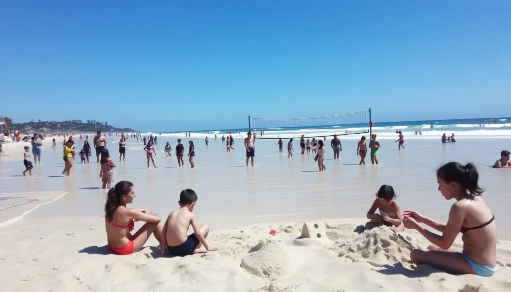 Image of Fish Haul Beach with families enjoying beach activities