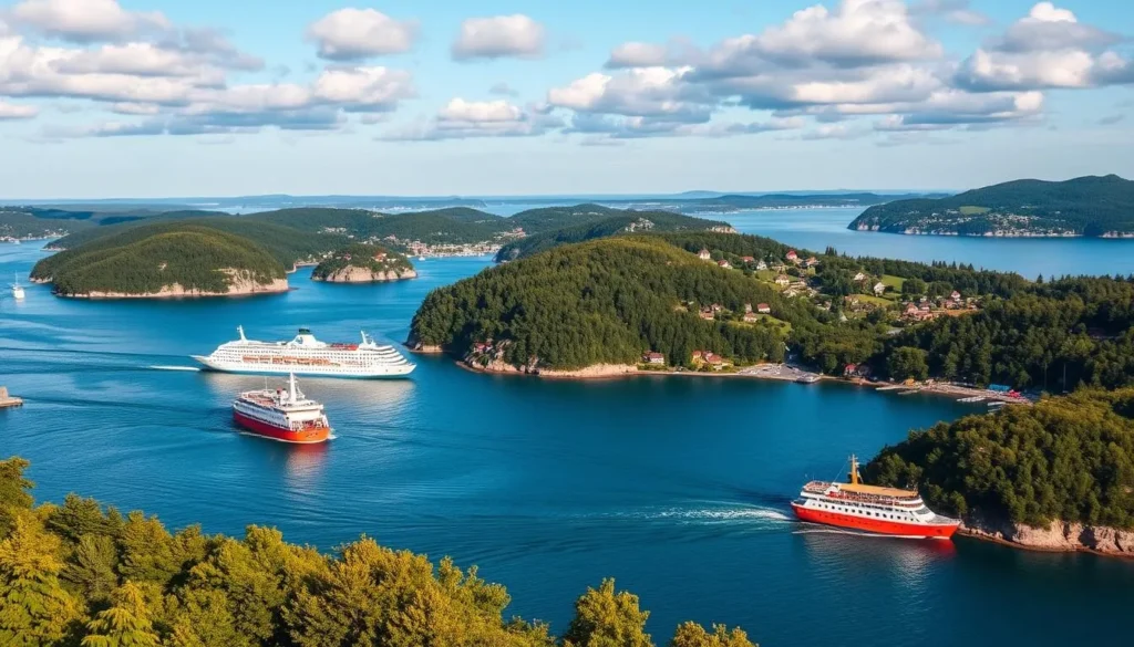 Image of Fjäderholmarna islands with ferries and scenic views