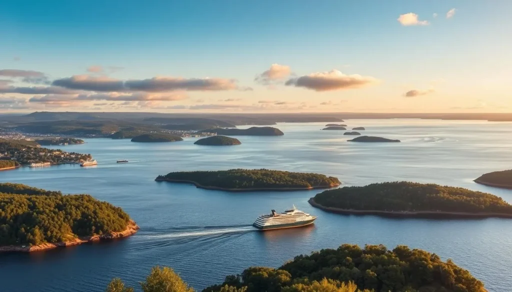 Image of Fjäderholmarna islands with ferries and scenic views