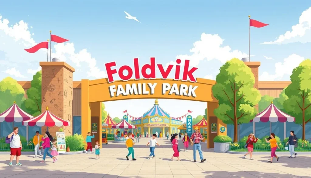 Image of Foldvik Family Park's main entrance with colorful attractions and happy families