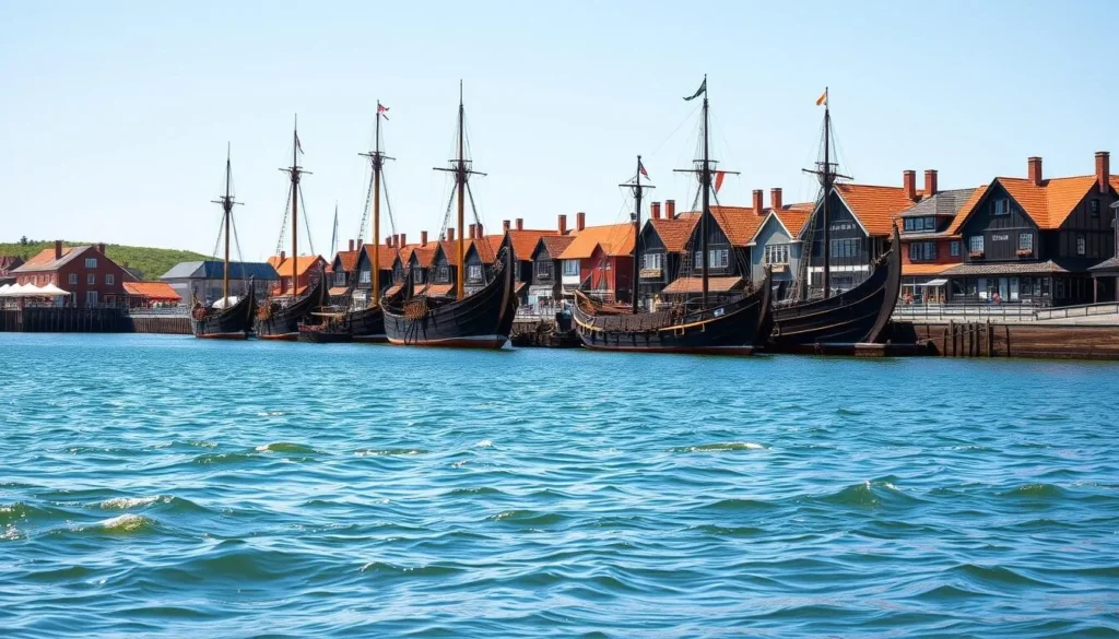 Image of Frösåkers Brygga with Viking longships