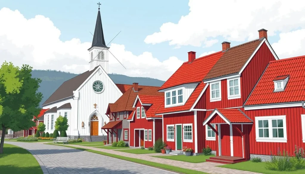 Image of Gammelstad Church Town with its red and white wooden cottages and the impressive Nederluleå Church