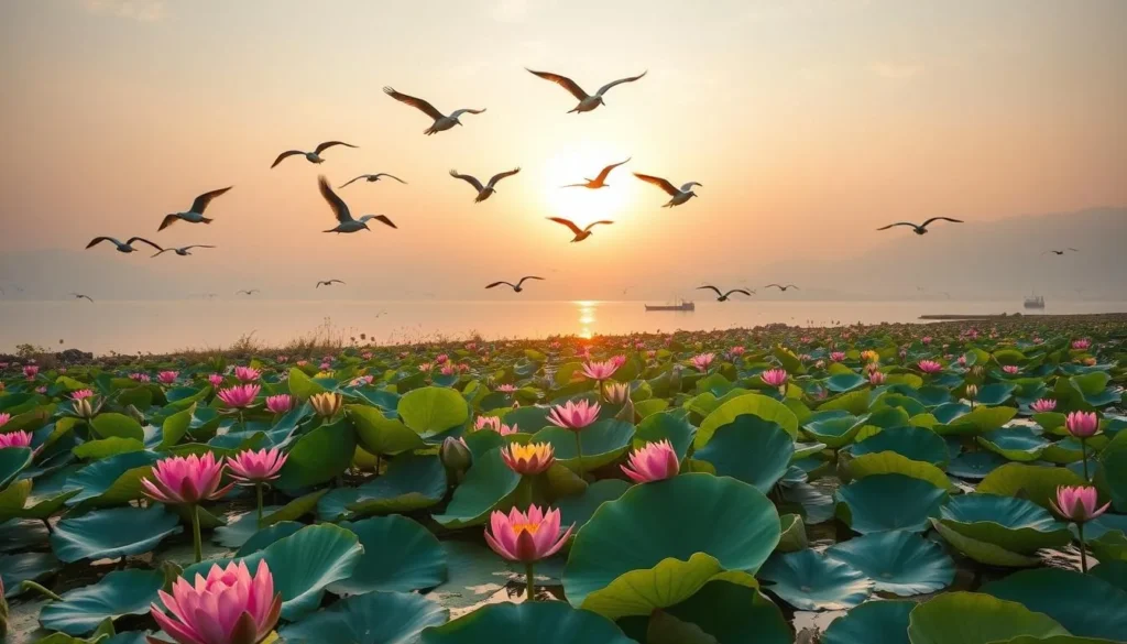Image of Gavier Lake with migratory birds and lotuses