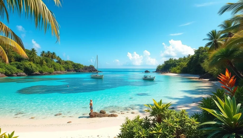 Image of Grinda island's beach with clear waters and lush greenery