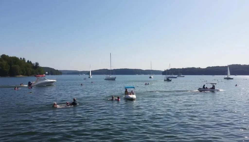 Image of Gull Lake with boats and people enjoying water activities