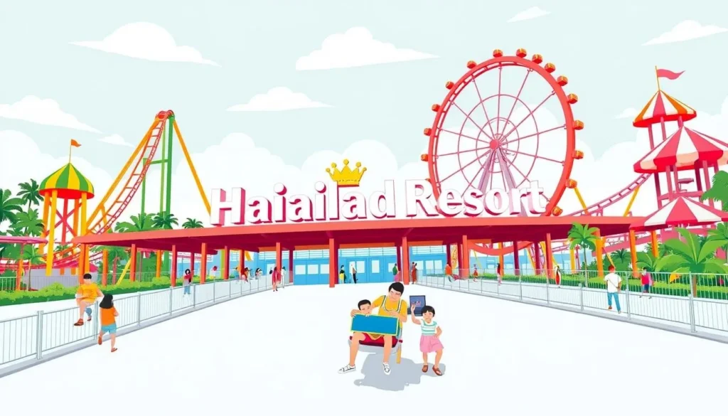 Image of Haailand Resort Theme Park Guntur with roller coasters and happy visitors