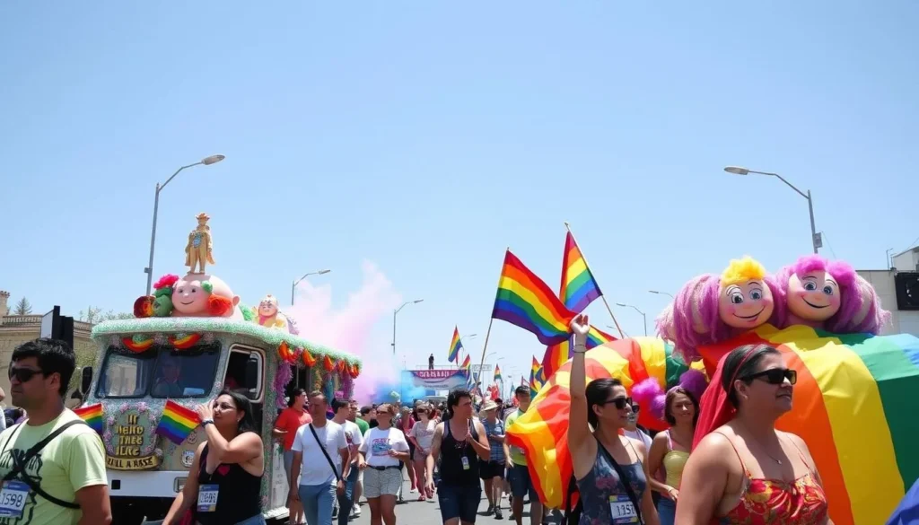 Image of Haifa Pride parade with colorful floats and participants
