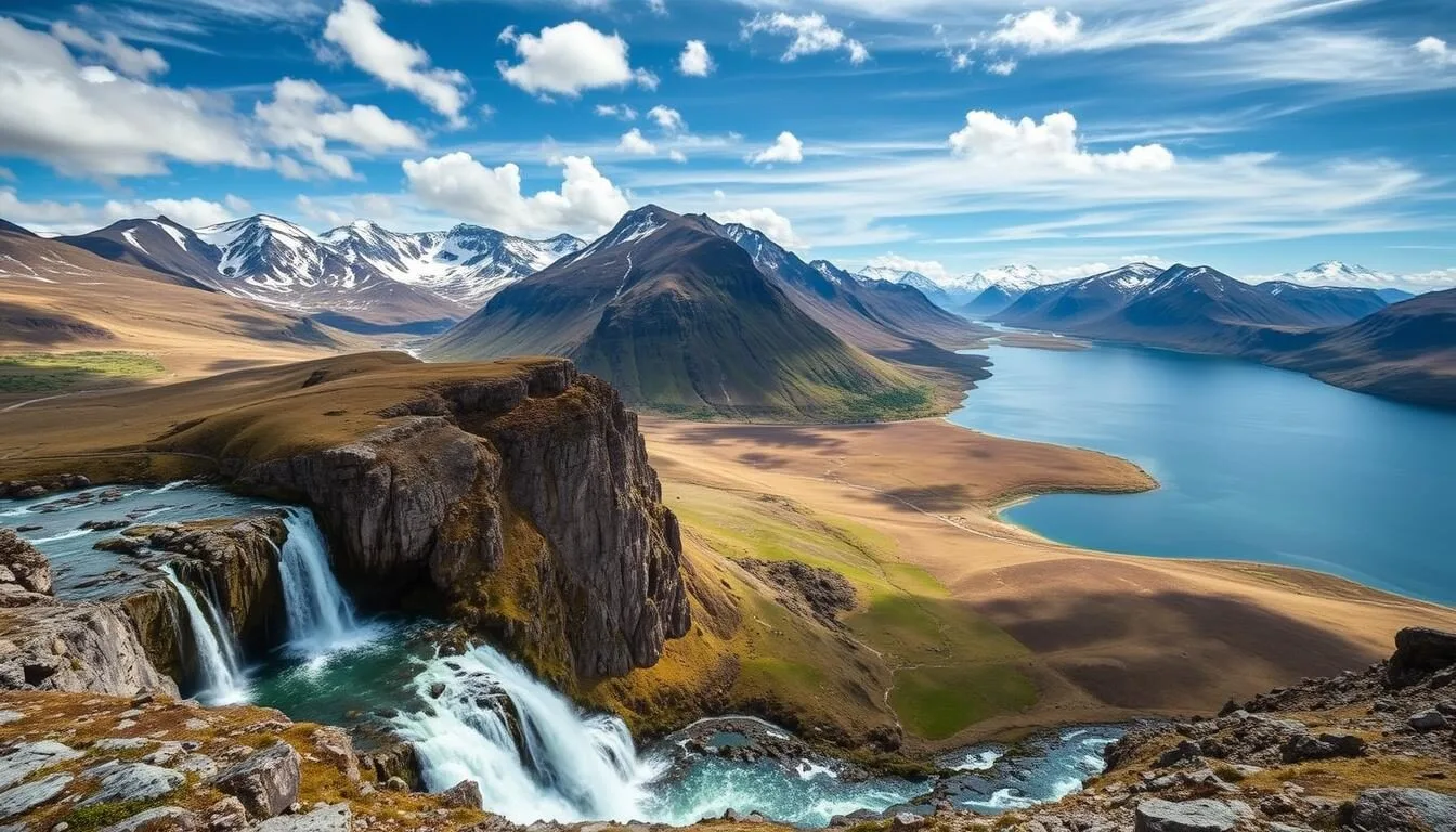 Image of Hardangervidda National Park's breathtaking mountain landscape with lakes and waterfalls.