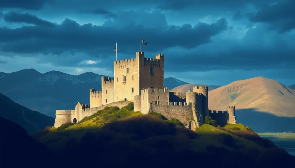 Image of Harlech Castle with the Snowdonia mountains in the background