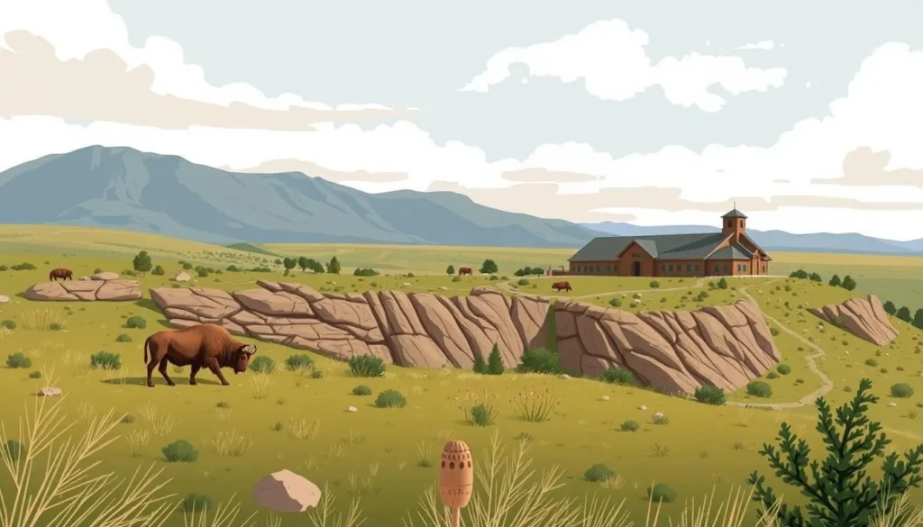 Image of Head-Smashed-In Buffalo Jump with the interpretive center in the background