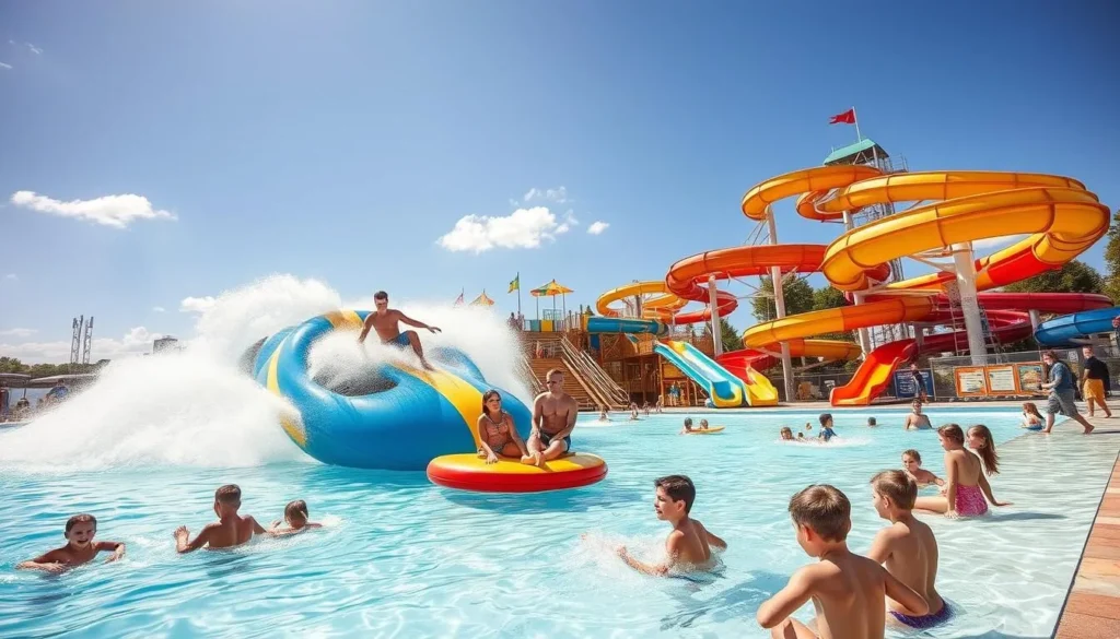 Image of Himlabadet Waterpark in Sundsvall with a surfing machine and outdoor pool