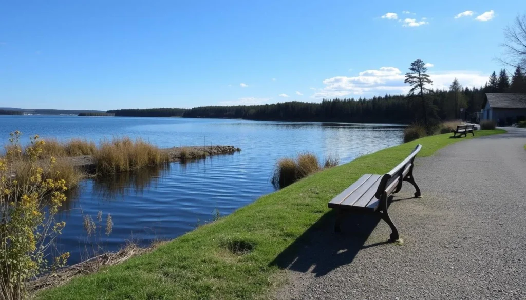 Image of Hjo's lakefront with Sweden's longest bench