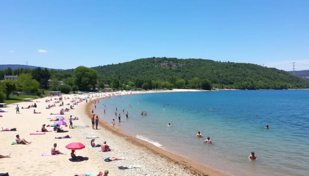 Image of Hostivar Reservoir's beach area during summer