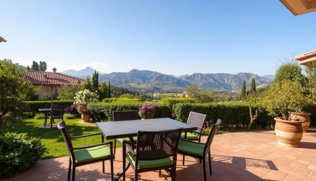 Image of Hotel Casa Terra's garden patio with mountain views
