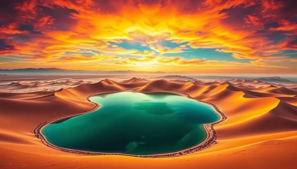 Image of Huacachina Oasis with sand dunes and lagoon