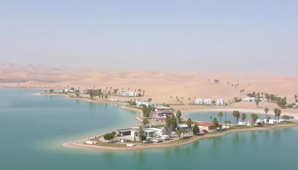Image of Huacachina lagoon with surrounding hotels and hostels