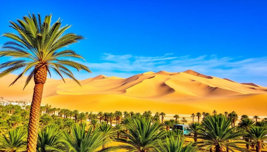 Image of Huacachina oasis with palm trees surrounded by sand dunes