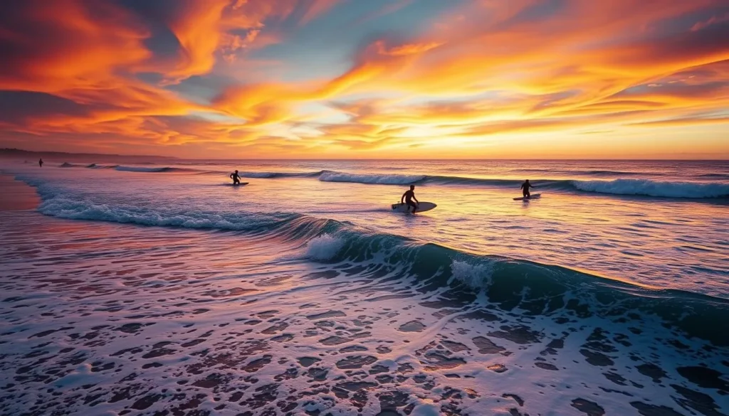 Image of Huanchaco beach at sunset with surfers riding the waves
