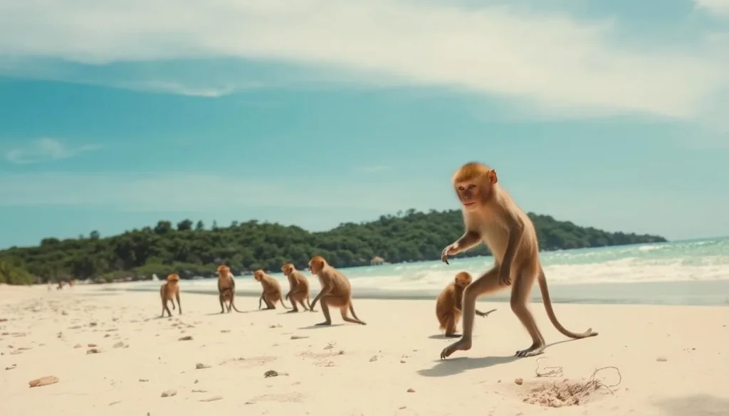 Image of Îlet la Mère with monkeys playing on the beach