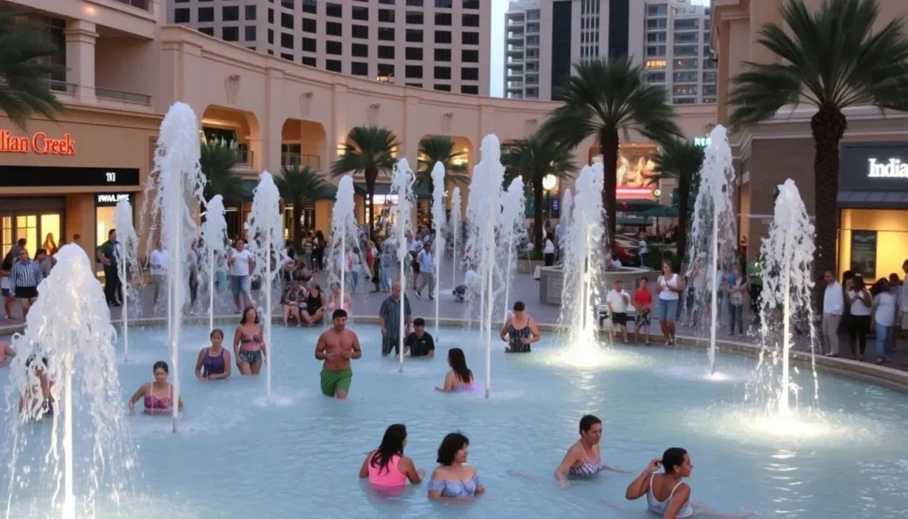 Image of Indian Creek Plaza with people enjoying the fountains and surrounding shops