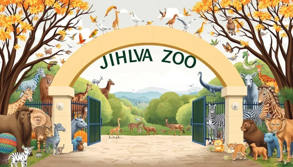 Image of Jihlava Zoo entrance with a variety of animals in the background