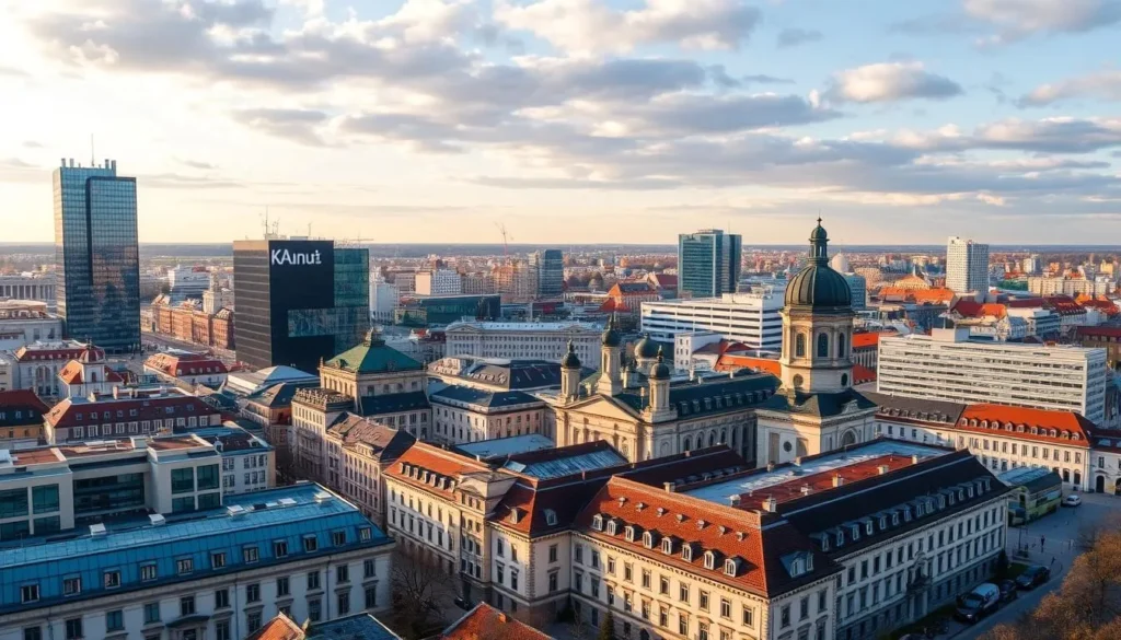 Image of Kaunas cityscape with a mix of modern and historical buildings