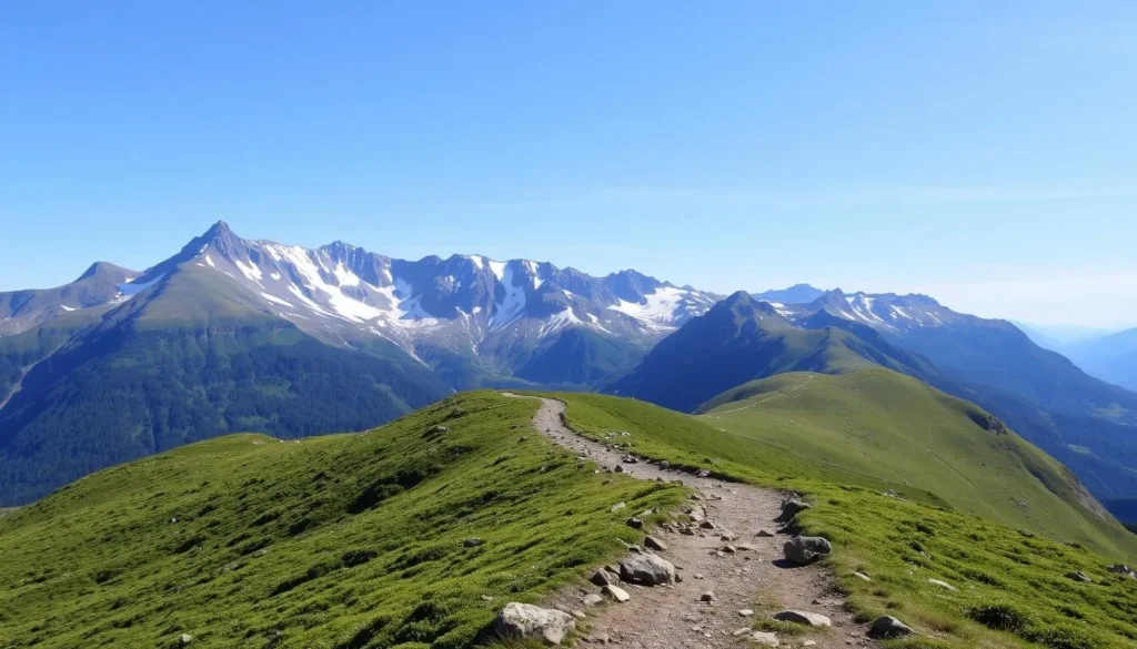Image of Kebnekaise Mountain Range with a trail leading to it