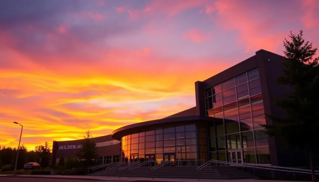 Image of Kilden Performing Arts Centre exterior at sunset