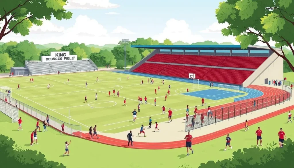 Image of King George's Field with various sports facilities and people enjoying different activities Image of King George's Field with various sports facilities and people enjoying different activities