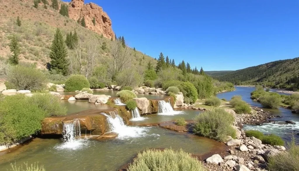 Image of Kirkham Hot Springs with cascading pools and the Payette River